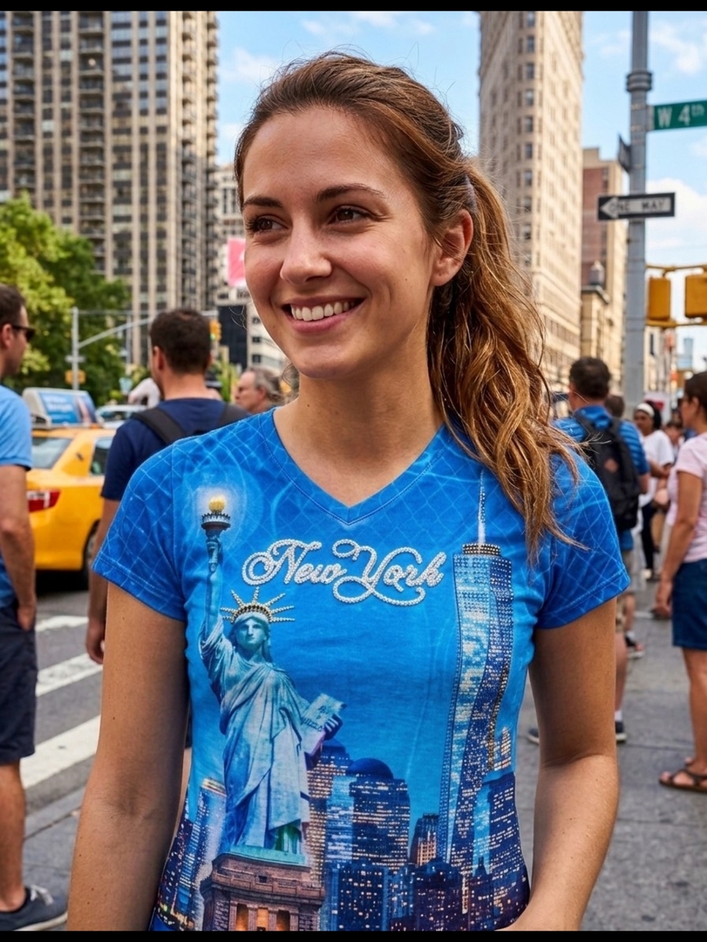 New York Skyline Graphic Beaded Tee - Blue size M